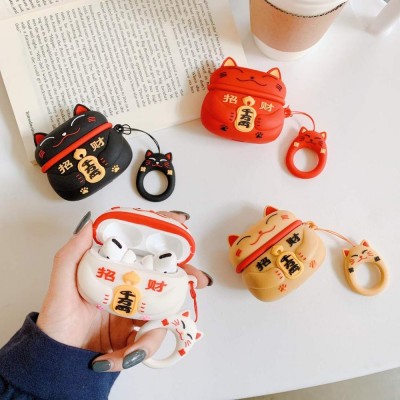 Newest Super Cute Creative Fortune Cat Money Kitty Soft Silicone Case Cover Protective Skin for AirPods Pro +Ring Lanyard